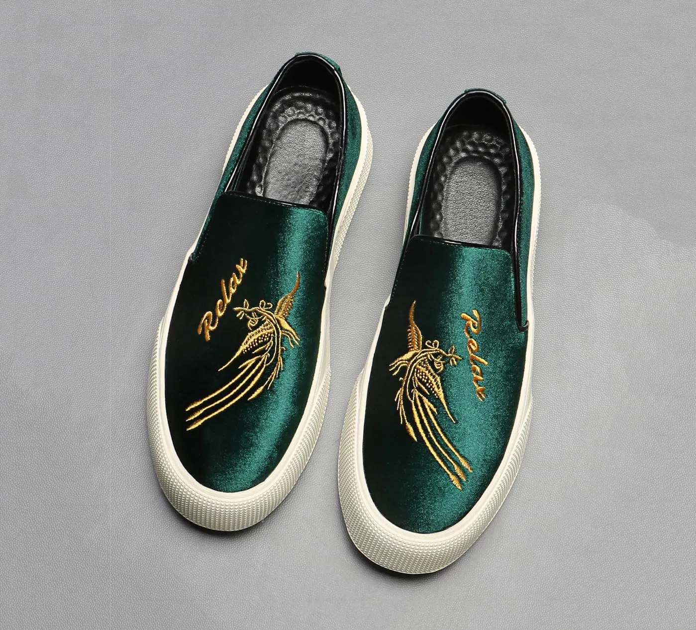 Santimon Men's Velvet Loafers Embroidery Phoenix Relax Chunky Sole Slip On Shoes