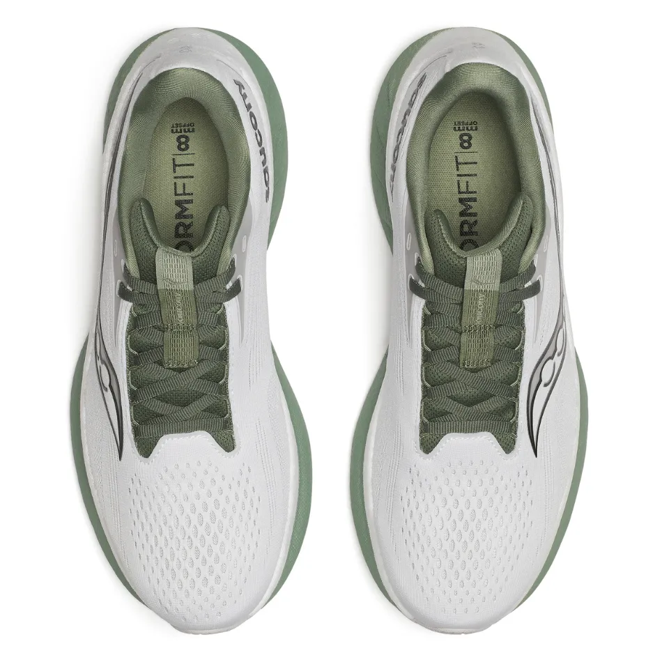 Saucony Men's Ride 18 Running Shoes in White/Olivine SS25 Refined fit Street Friendly