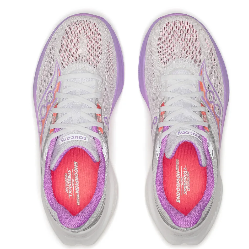 Back Cushion Hydrophobic Upper Coating Saucony Women's Endorphin Speed 5 Running Shoes in White/Crocus - Online Exclusive