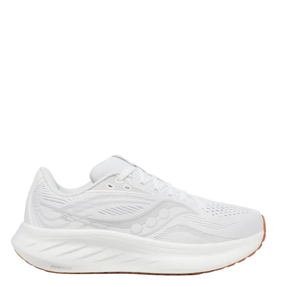 Saucony Women's Ride 18 Running Shoes in White/Gum - Online Exculsive Hydrophobic Fabric Ultra-soft fit