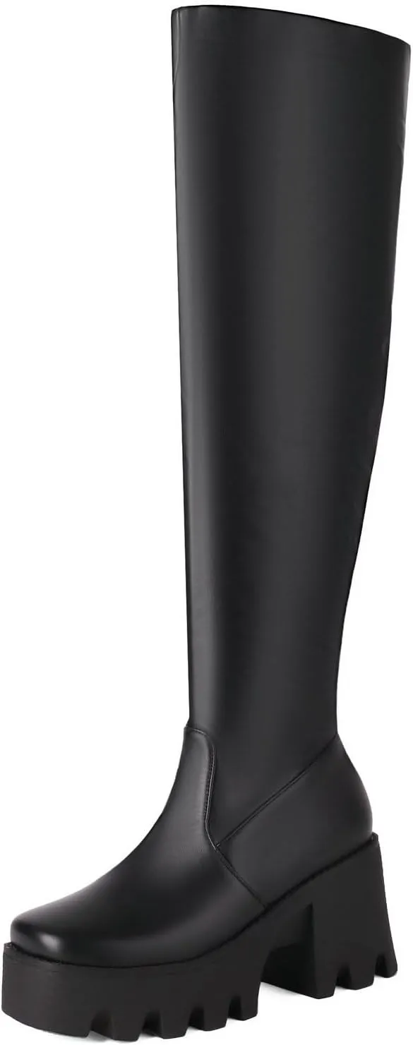 Shinelly Knee High Platform Boots for Women Round Toe Chunky High Heel Thigh High Boots with Side Zipper