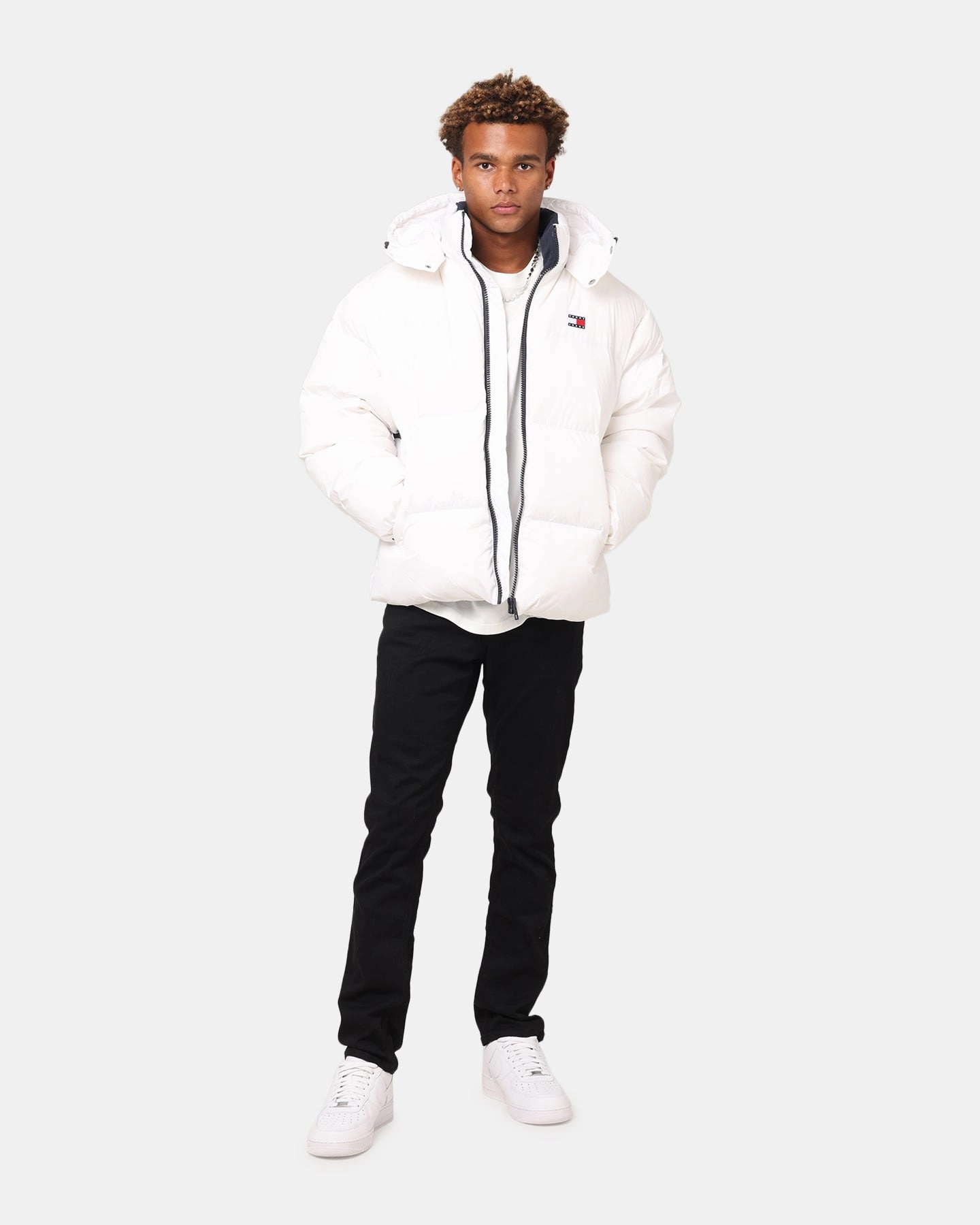 Black Tommy Jeans TJM Flag Back Puffer Jacket White