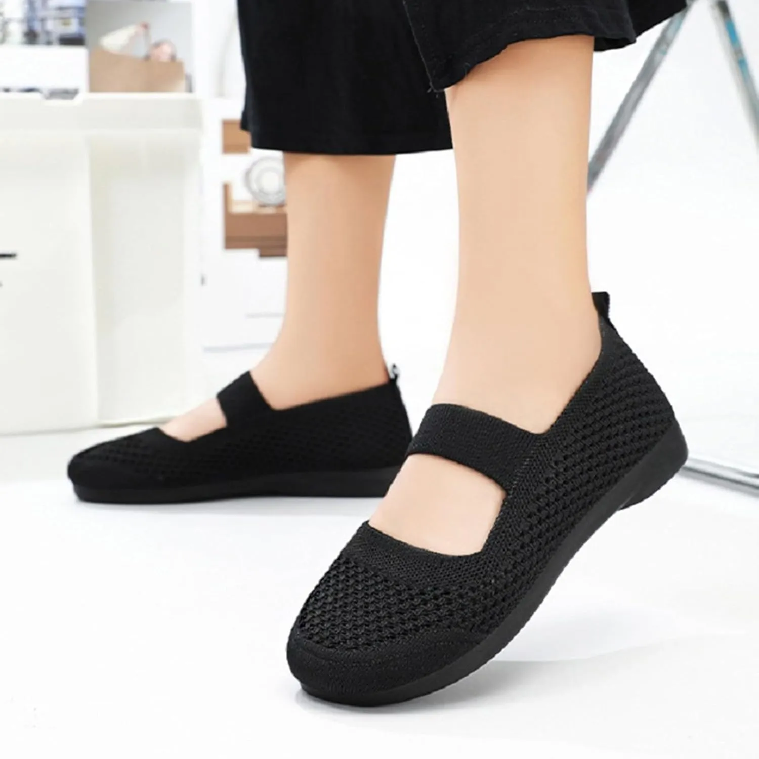 Slip On Orthopedic Sneakers Women Breathable Mesh Knitted Woven Low Top Walking Shoes Lightweight Wide Width Soft Sole Arch Support Non-Slip Shoes