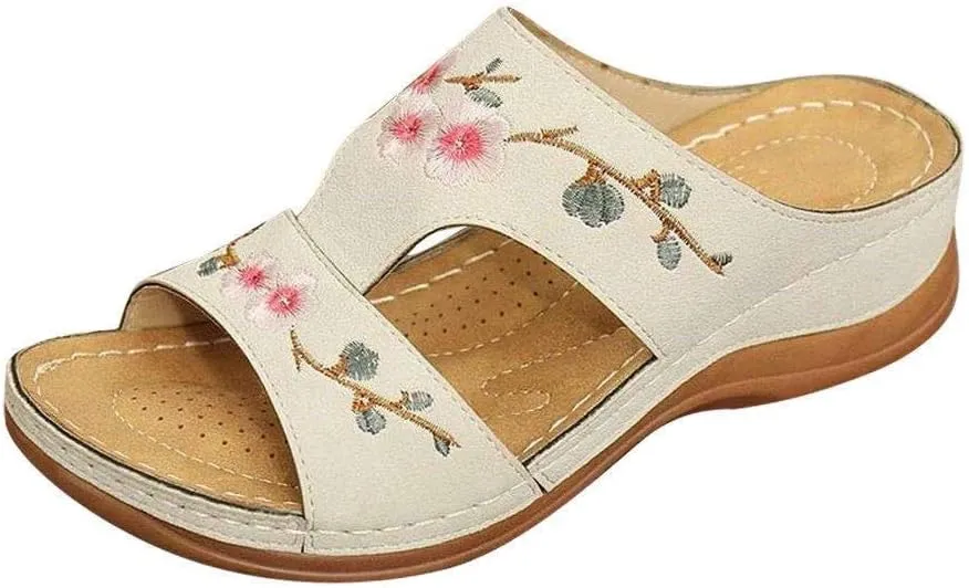 Slip on Sandals for Women Comfortable Casual Flower Embroidery Wedge Platform Slipper Summer Hollow Breathable Open Toe Platform Beach Shoes