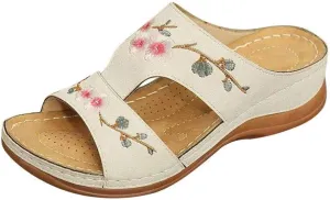 Slip on Sandals for Women Comfortable Casual Flower Embroidery Wedge Platform Slipper Summer Hollow Breathable Open Toe Platform Beach Shoes