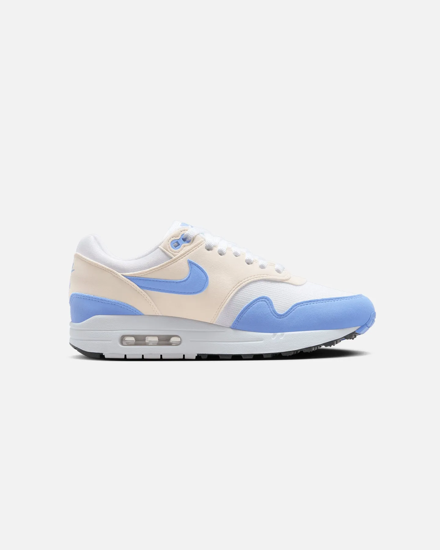 Nike Women's Air Max 1 White/Royal Pulse-Phantom Black Engineered Knit running for a way to stay happy