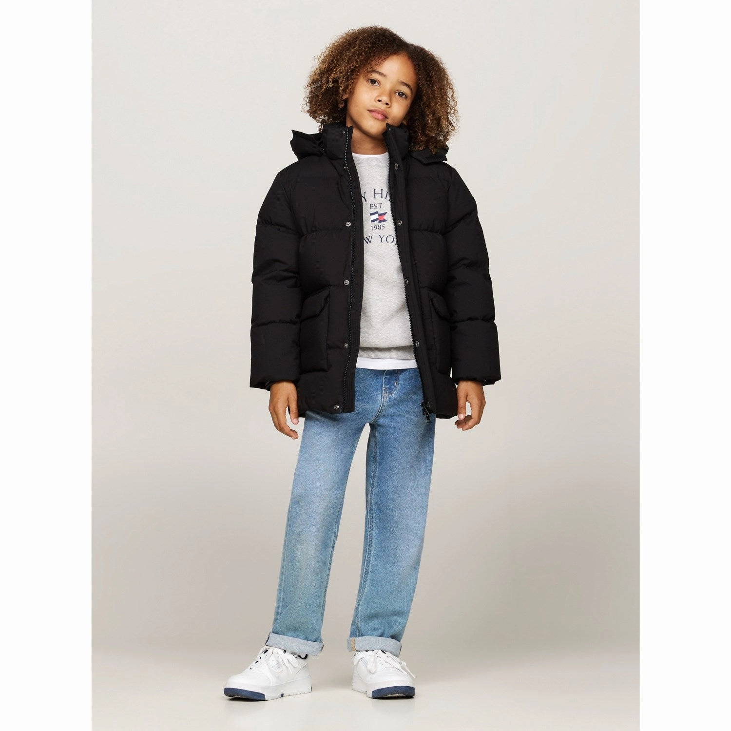 Tommy Hilfiger Black Monotype Ribstop Puffer Jacket Relaxed Fit Silhouette Cozy Fit