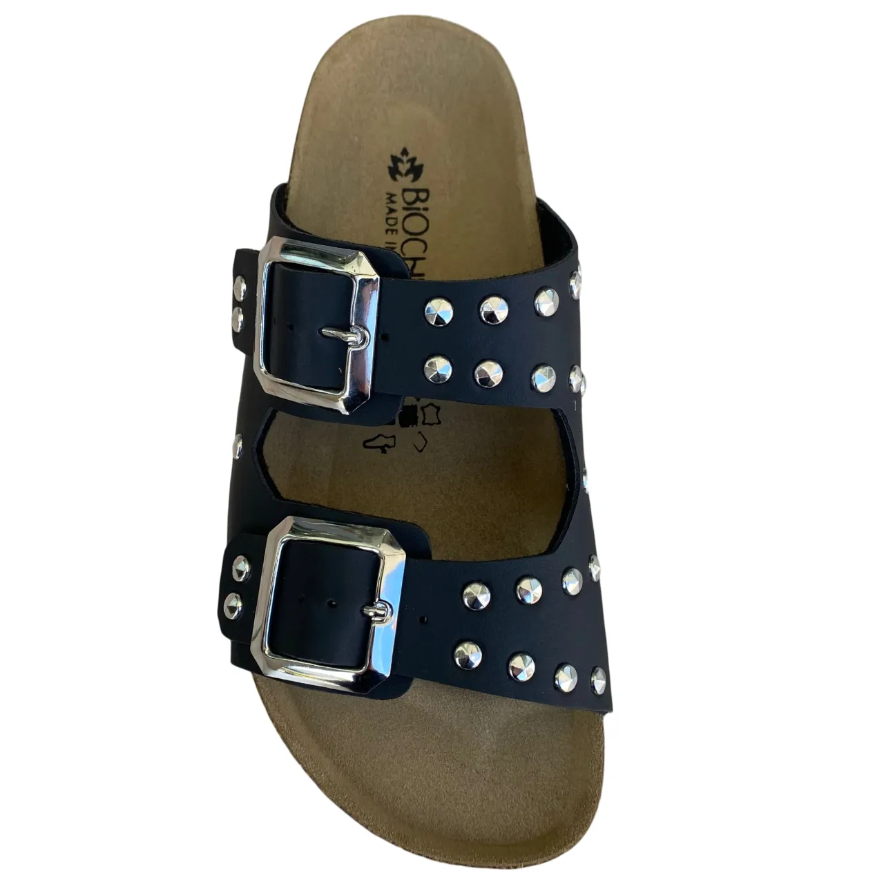 Anti Slip Pattern flat sandals Biochic Sandalo da donna con 2 fasce con borchie e fibbie regolabili Bipel BC4003B nero