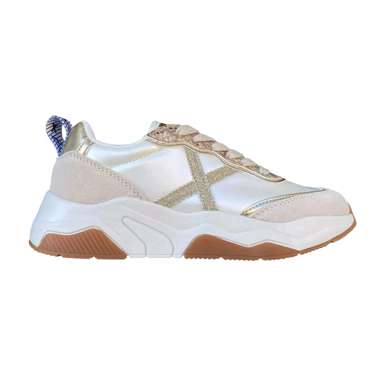Munich scarpa sneakers da donna con X glitter dorato e inserto pitonato sul dorso Wave 173 perla strap - trimmed - design shoes