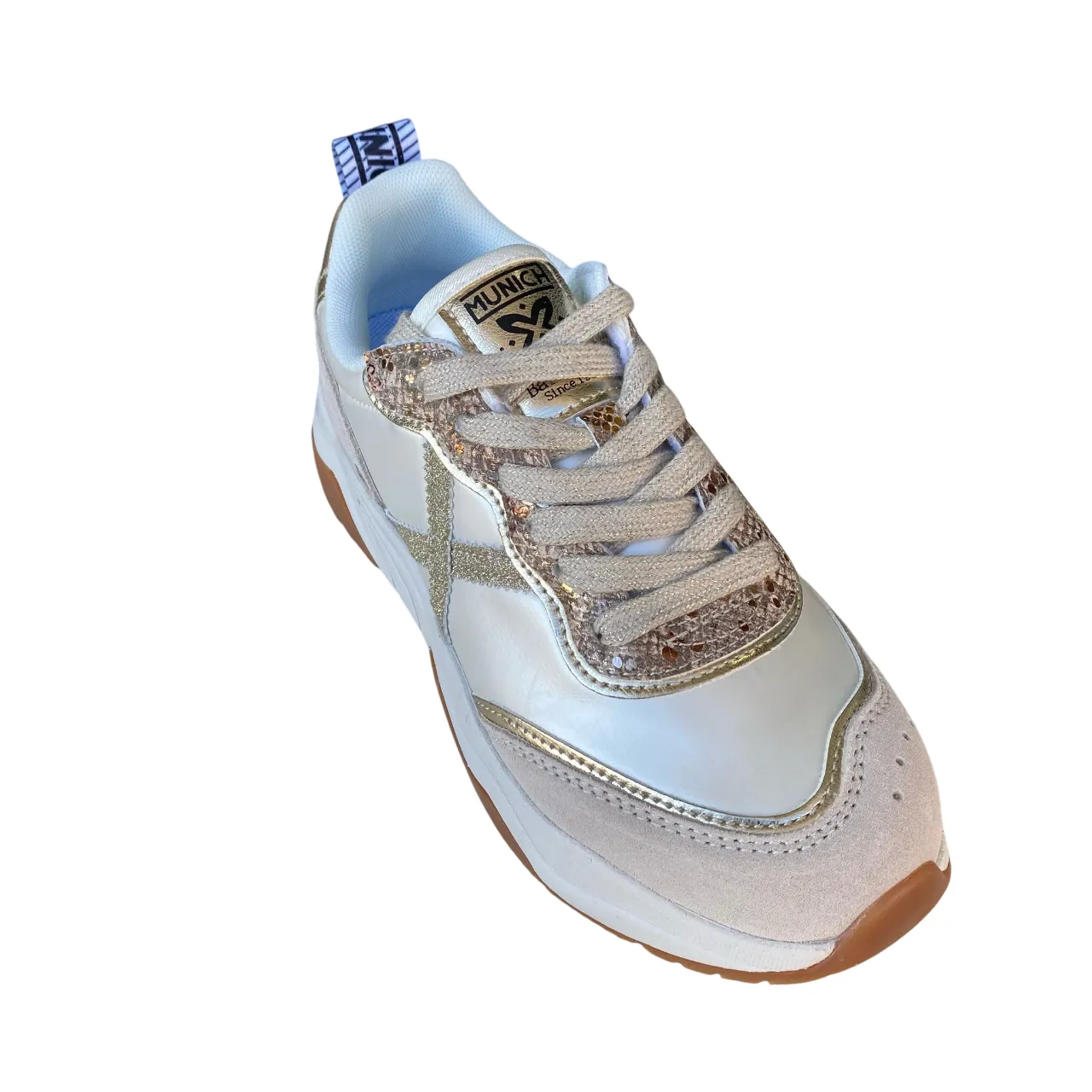 Munich scarpa sneakers da donna con X glitter dorato e inserto pitonato sul dorso Wave 173 perla holiday - themed running wear Seamless Uppers