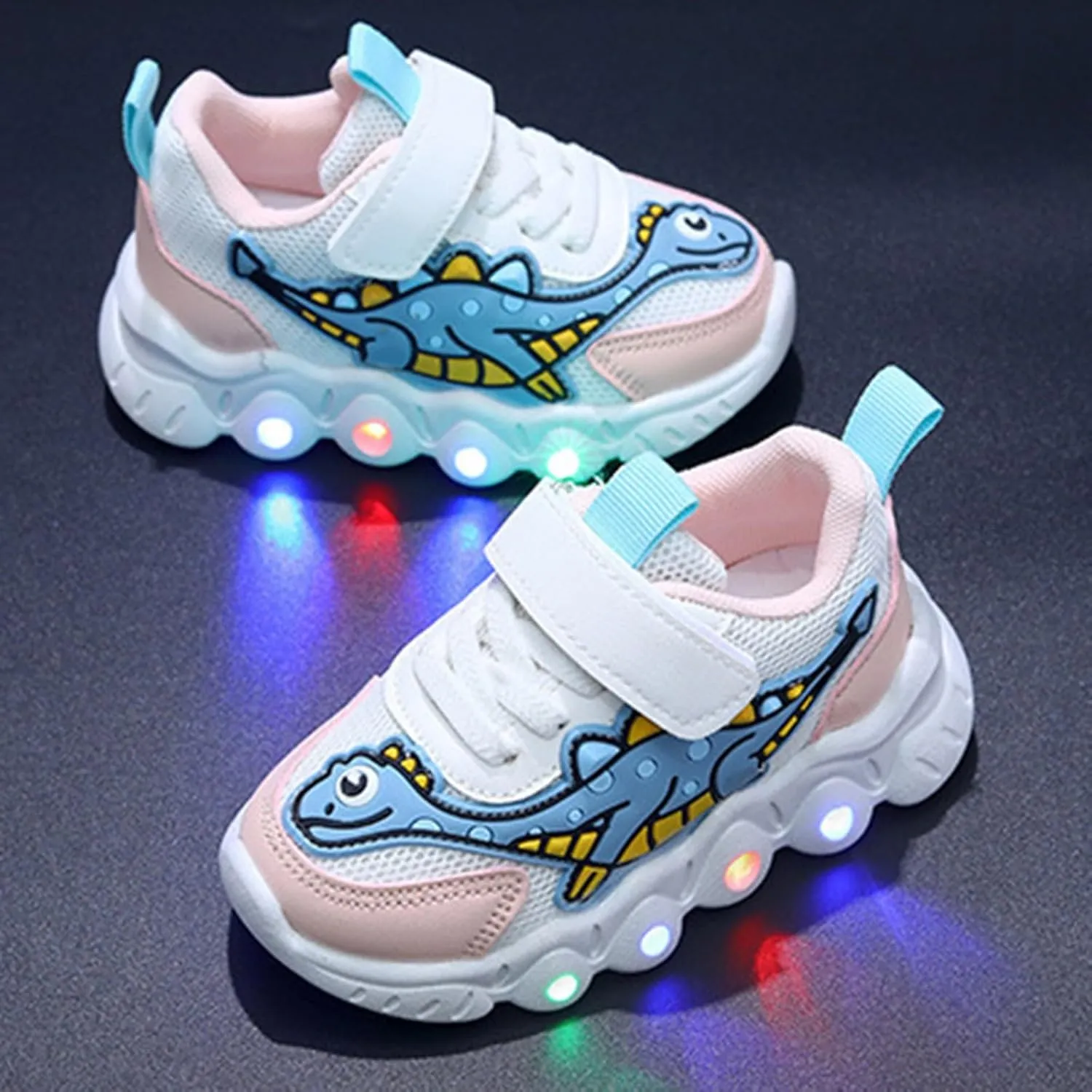 Sneakers for Girls Boys Cute Cartoon Dinosaur Sports Shoes Breathable Mesh Shoes Light Up Lightweight Running Sneaskers