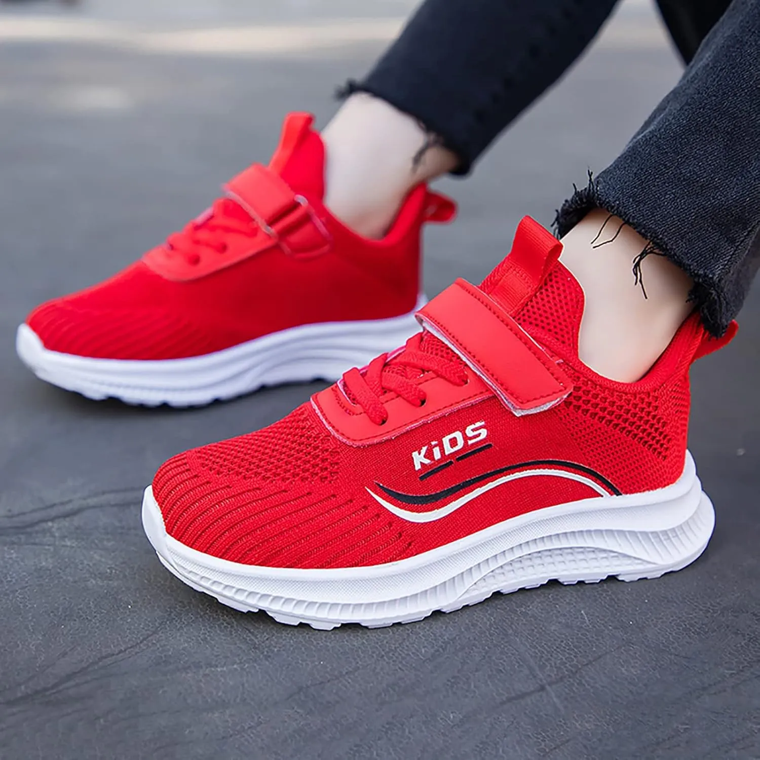 Sneakers for Girls Boys Lace Up Hook Loop Non-Slip Sports Shoes Breathable Knit Lightweight Comfortable Walking Shoes