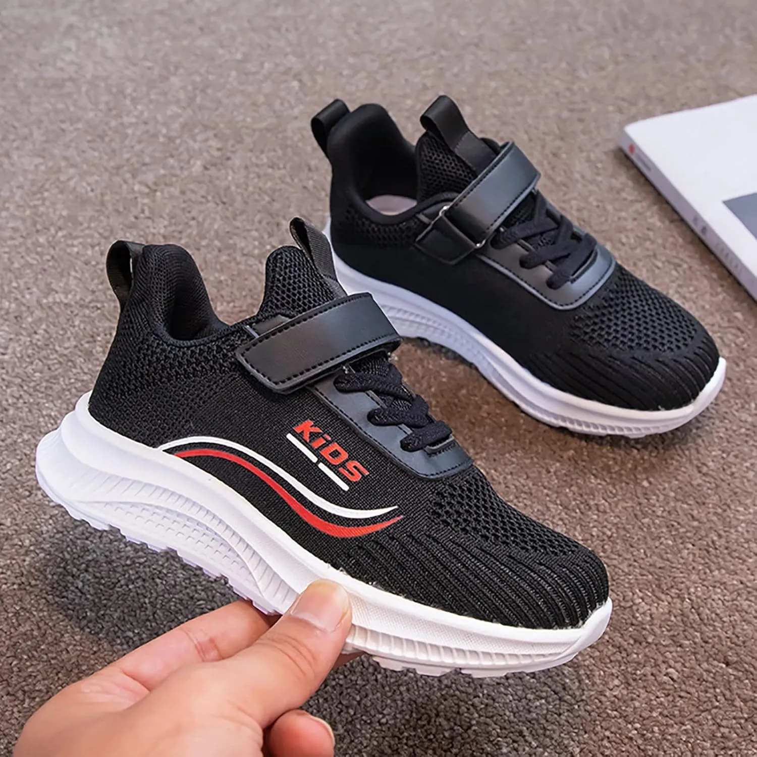 Sneakers for Girls Boys Lace Up Hook Loop Non-Slip Sports Shoes Breathable Knit Lightweight Comfortable Walking Shoes