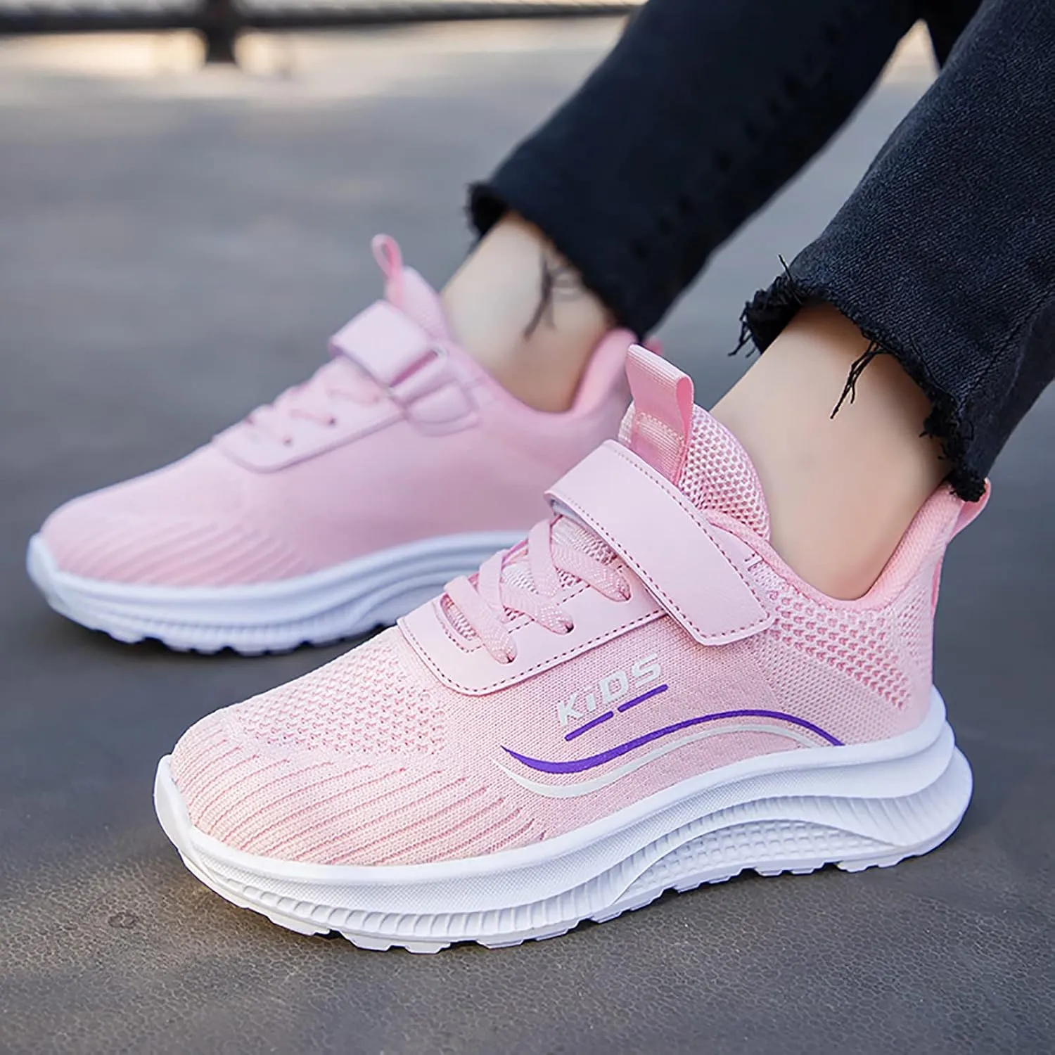 Sneakers for Girls Boys Lace Up Hook Loop Non-Slip Sports Shoes Breathable Knit Lightweight Comfortable Walking Shoes