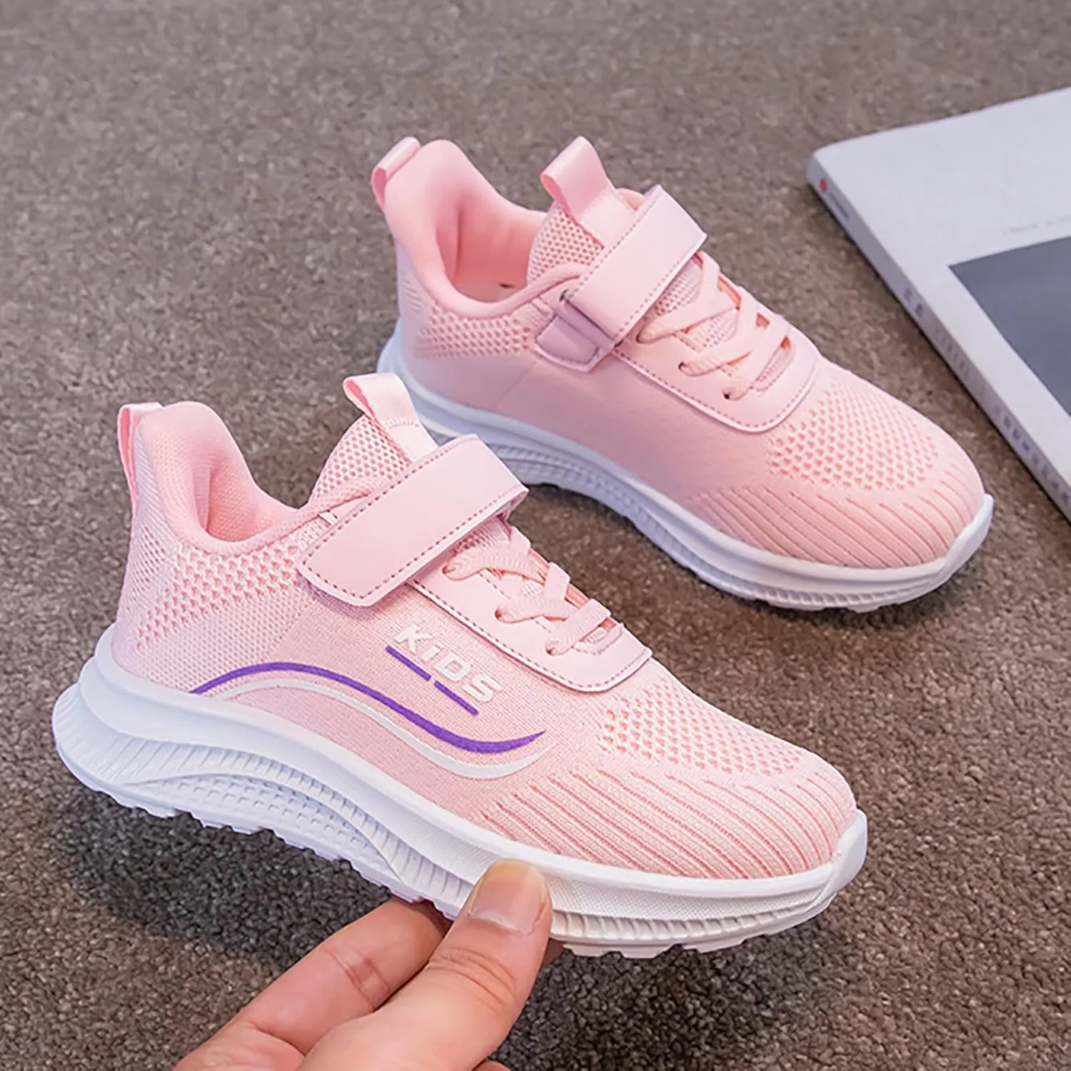 Sneakers for Girls Boys Lace Up Hook Loop Non-Slip Sports Shoes Breathable Knit Lightweight Comfortable Walking Shoes