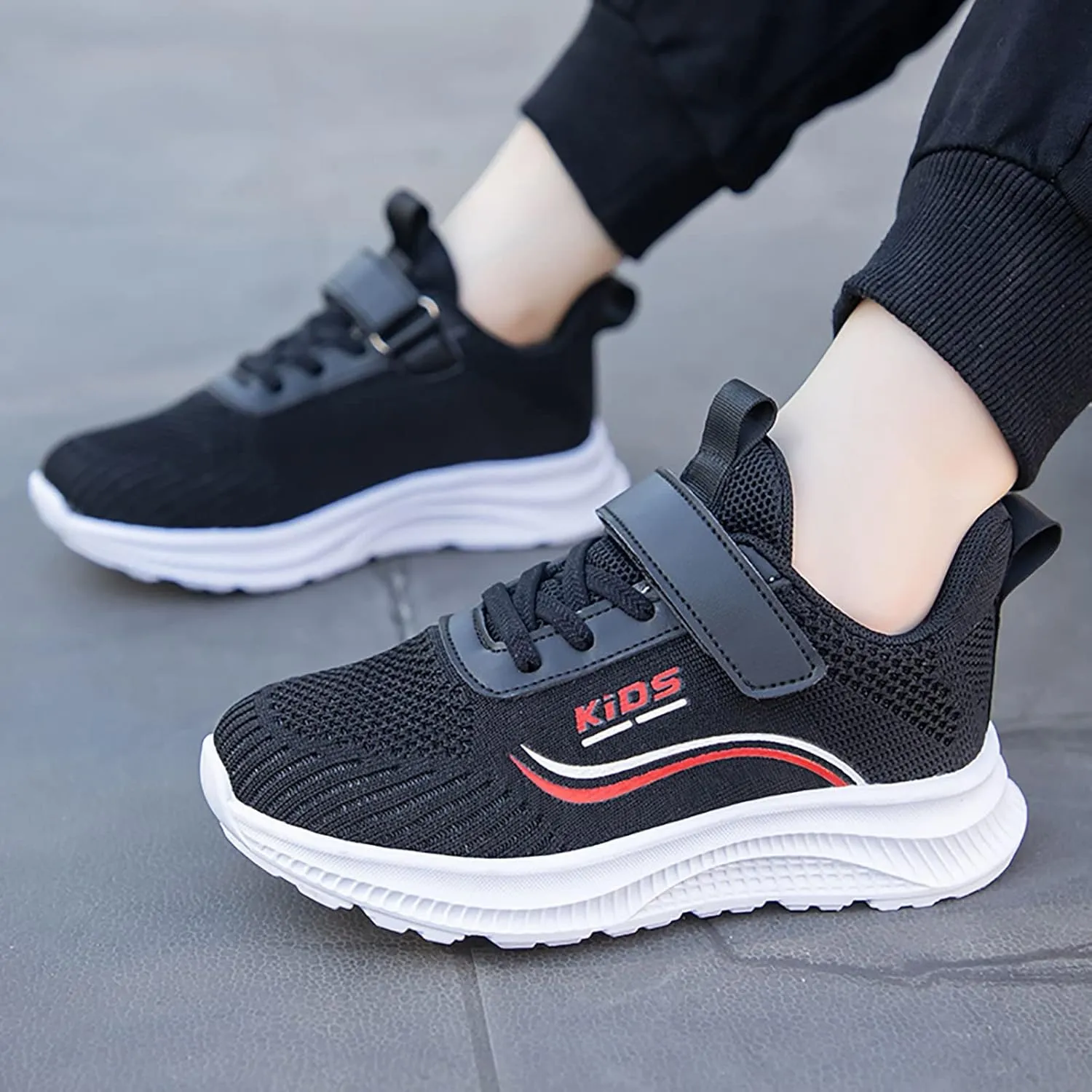 Sneakers for Girls Boys Lace Up Hook Loop Non-Slip Sports Shoes Breathable Knit Lightweight Comfortable Walking Shoes