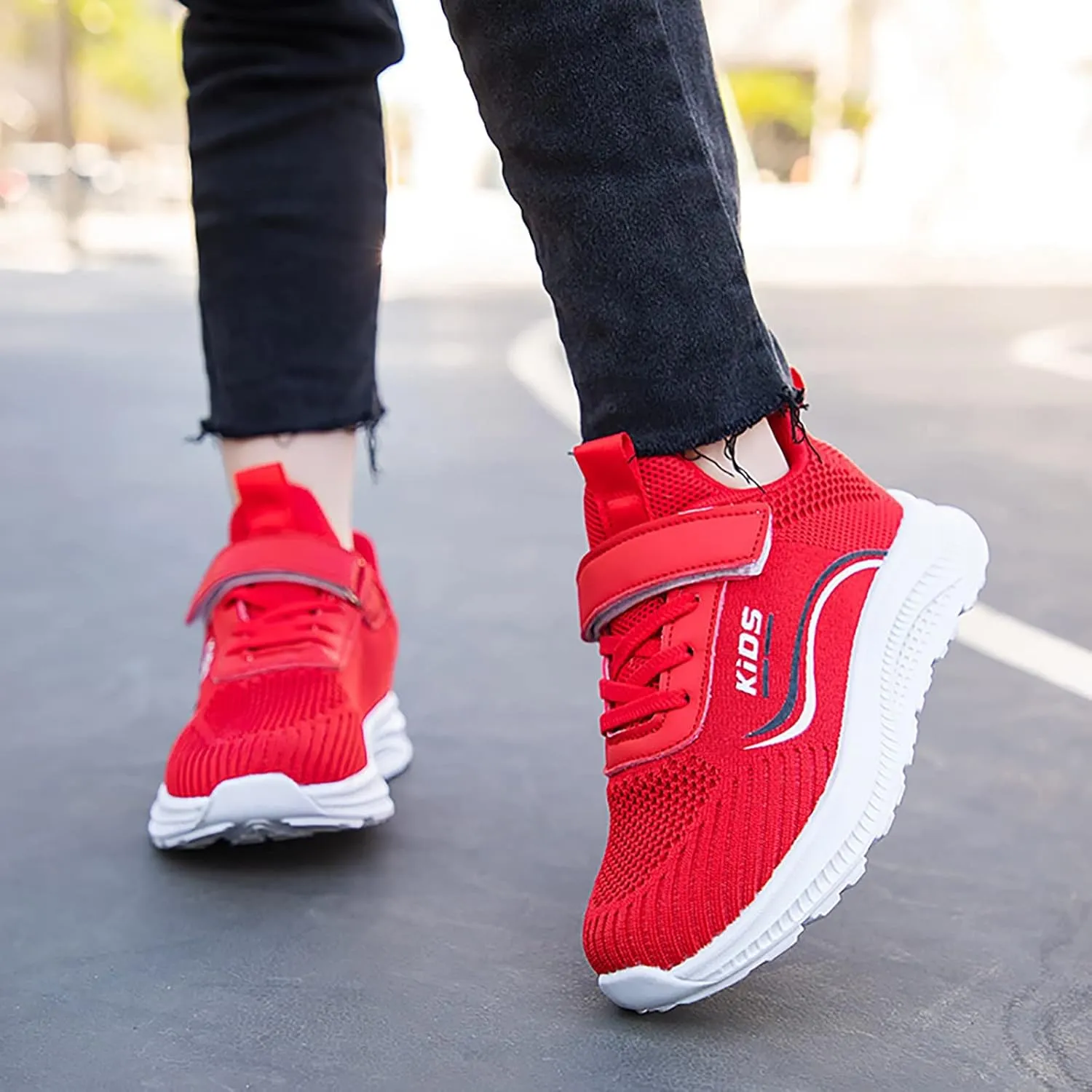 Sneakers for Girls Boys Lace Up Hook Loop Non-Slip Sports Shoes Breathable Knit Lightweight Comfortable Walking Shoes