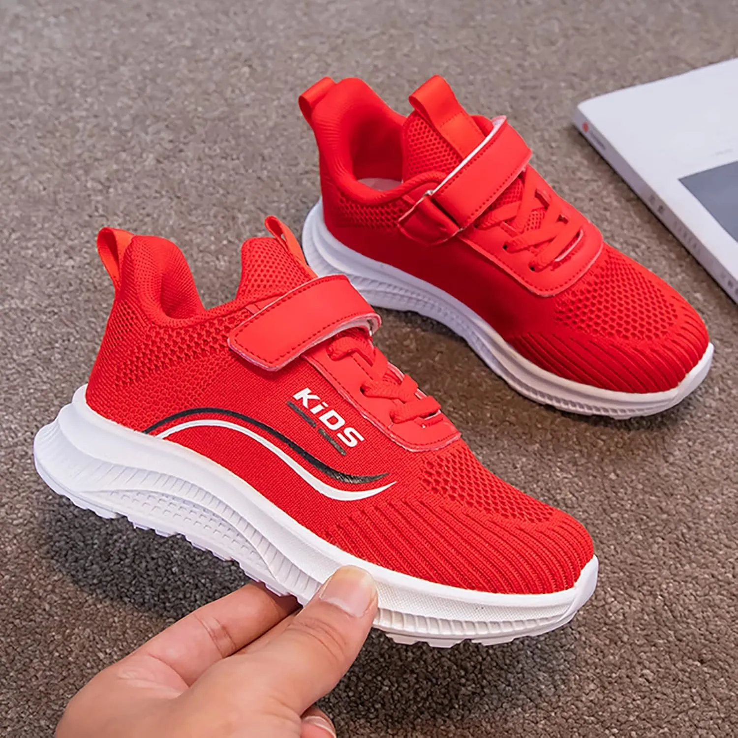 Sneakers for Girls Boys Lace Up Hook Loop Non-Slip Sports Shoes Breathable Knit Lightweight Comfortable Walking Shoes