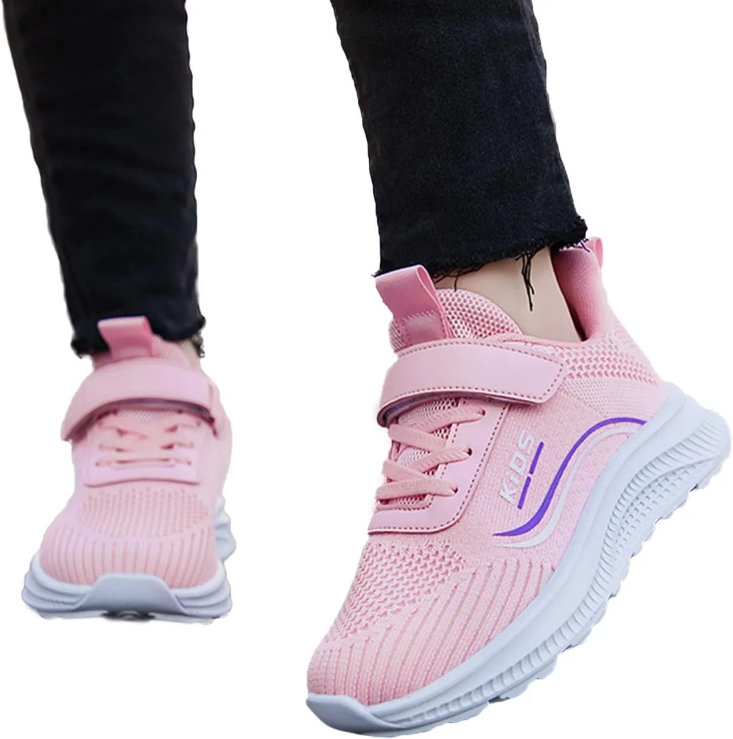 Sneakers for Girls Boys Lace Up Hook Loop Non-Slip Sports Shoes Breathable Knit Lightweight Comfortable Walking Shoes