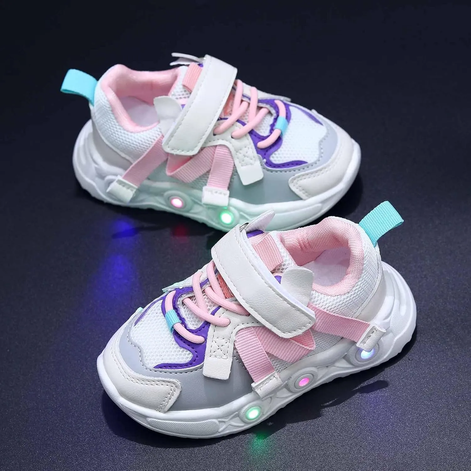 Sneakers for Girls Breathable Comfortable Luminous LED Flashing Fashion Sports Shoes with Hook and Loop Kids Running Shoes