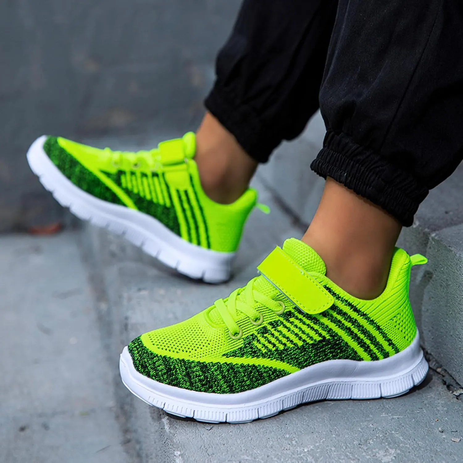 Sneakers for Girls Breathable Knit Lightweight Athletic Running Sneakers with Hook and Loop Kids Non-Slip Sports Shoes