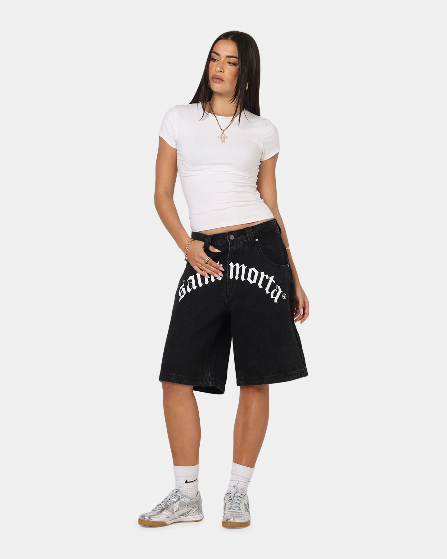 Casual Fit Design All Occasion Saint Morta Amplus Gothic Denim Jort Shorts Black Shadow