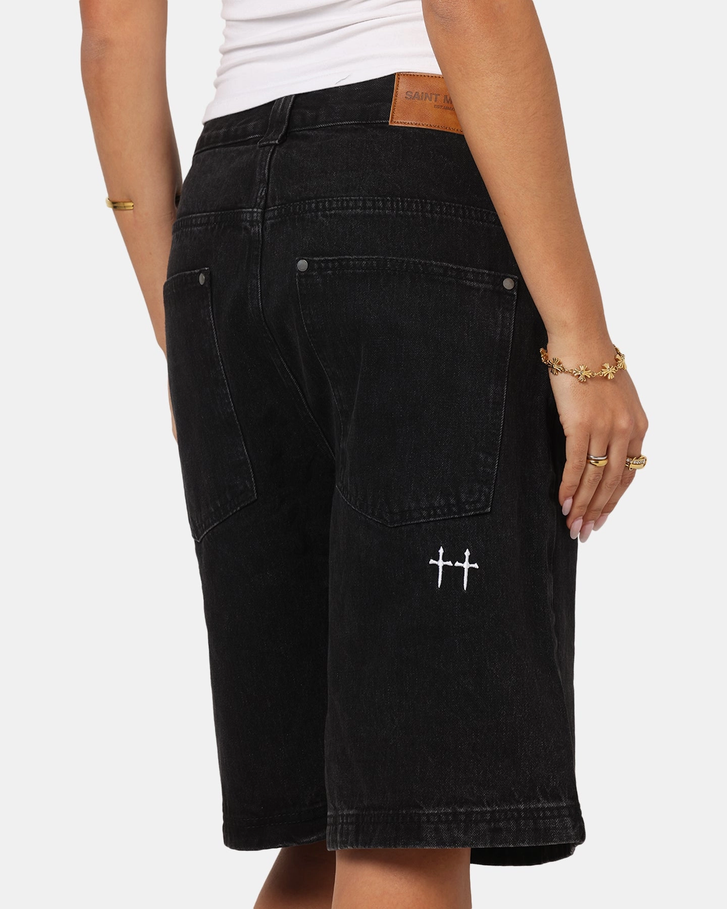 Saint Morta Amplus Gothic Denim Jort Shorts Black Shadow Double Needle Stitching