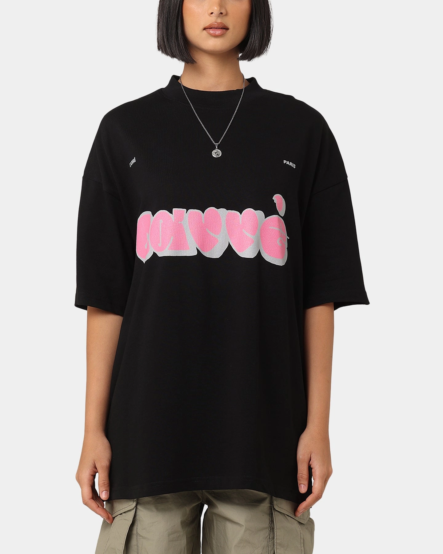 Travel Friendly Carre Experienced Mock Oversized T-Shirt Black