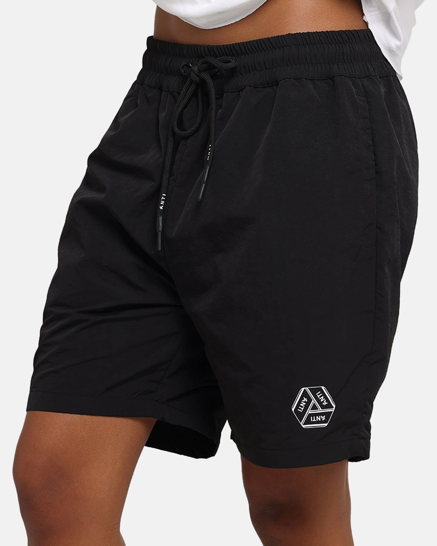 The Anti Order Reverse Logo Nylon Shorts Black Easy Stretch Body Aligned