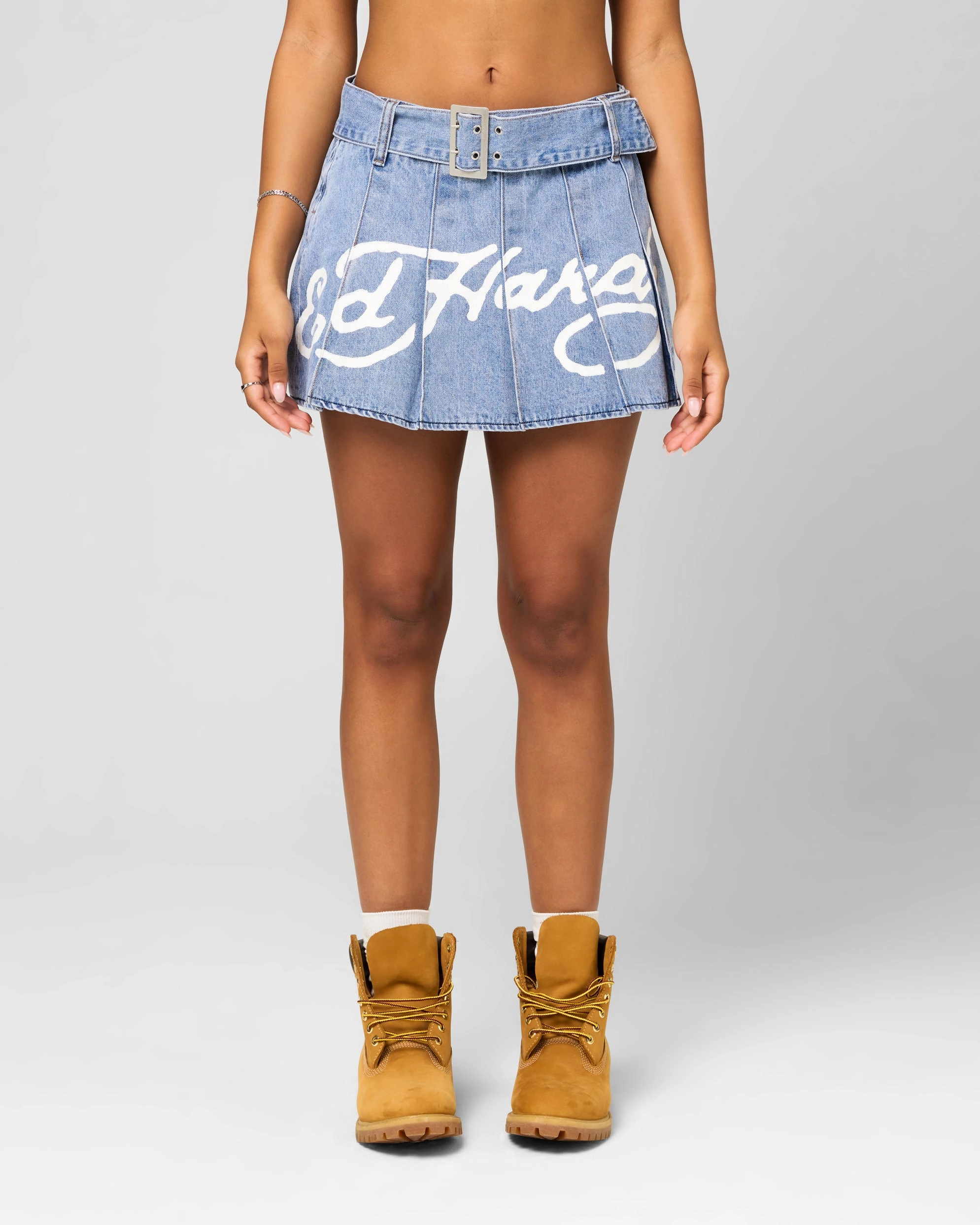 Travel Style Flexible Ankle Cuffs Ed Hardy Women's Pleated Denim Mini Skirt Light Blue Denim