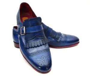 Stylish Men's Handmade Blue Single Monk Strap Leather Fringed Shoes, Men Dress Shoes