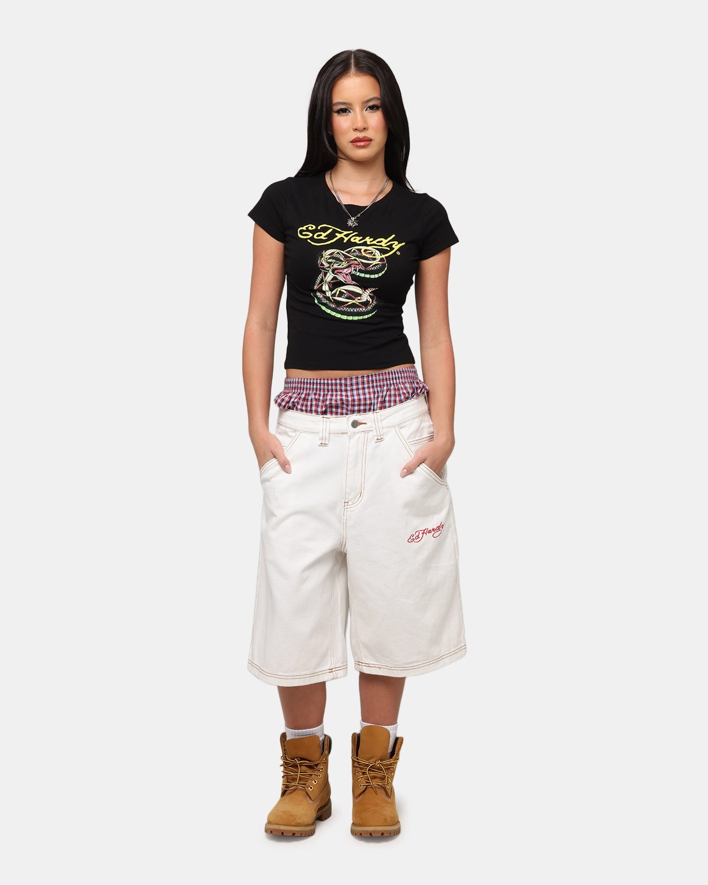 Non Binding Waist Comfortable Style Ed Hardy Tiger Jorts Off White