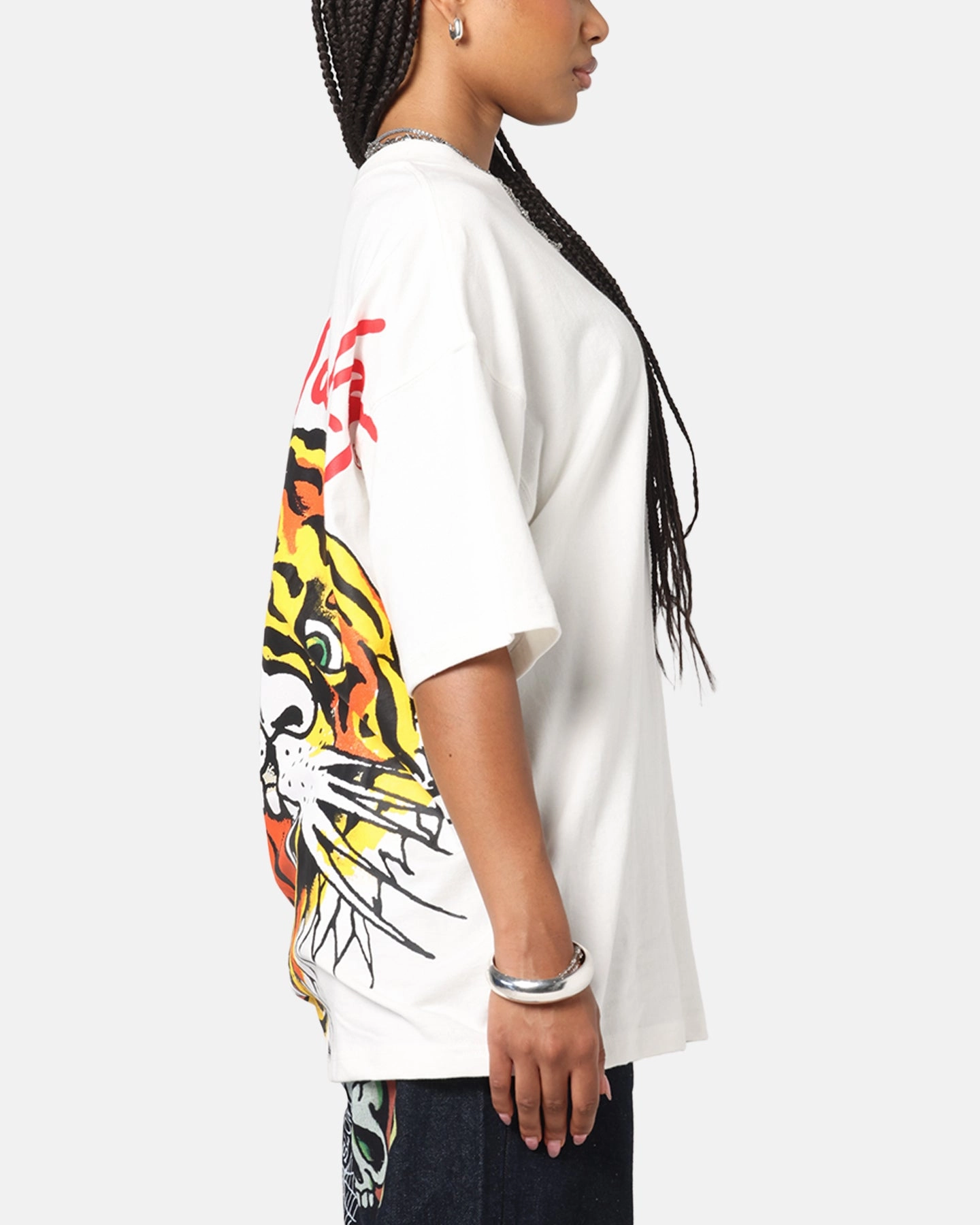 Ed Hardy Tiger Oversized Print T-Shirt Off White Cotton Blend Skinny Fit