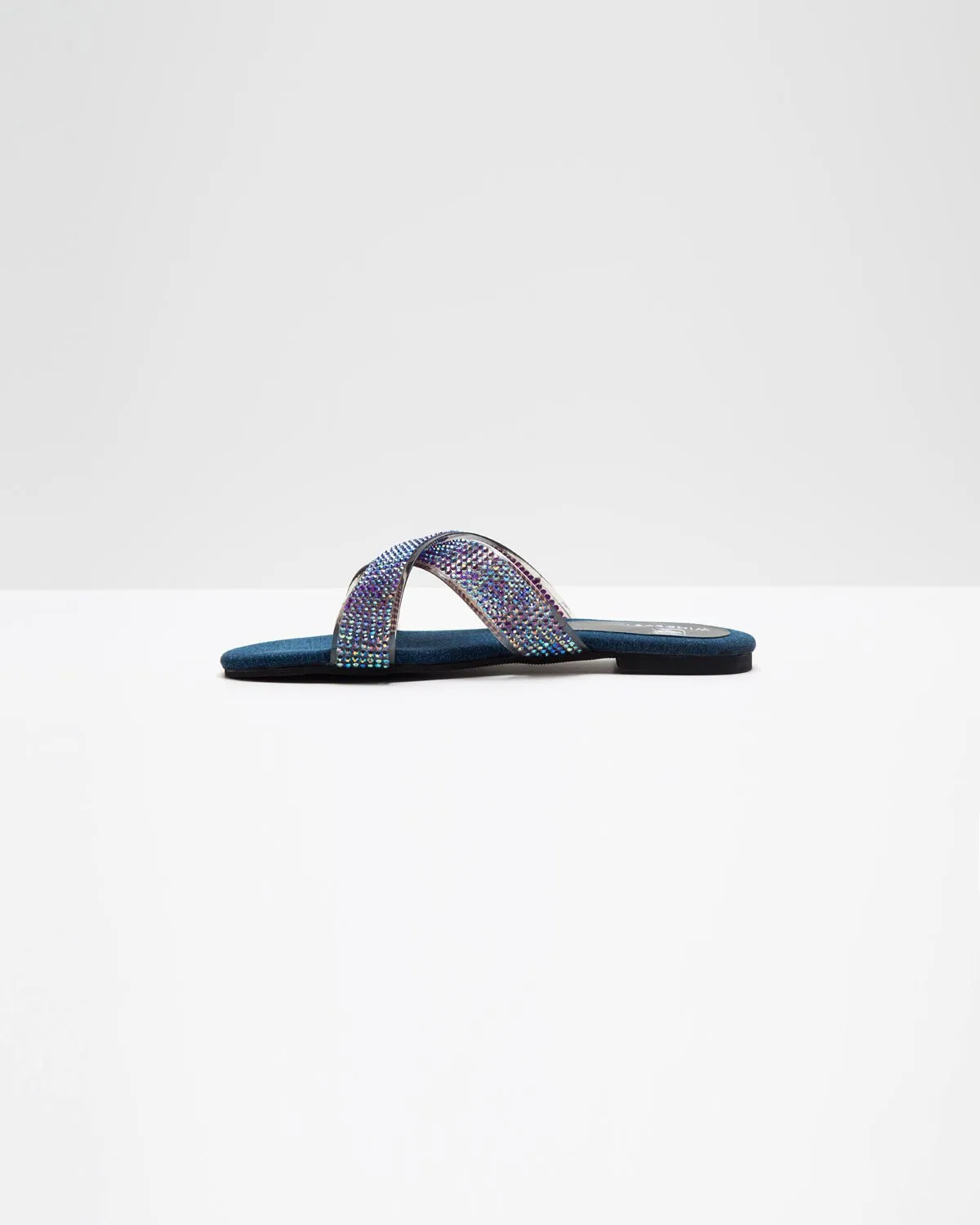 Swarovski Cross-Strapped Denim Flats (Blue)
