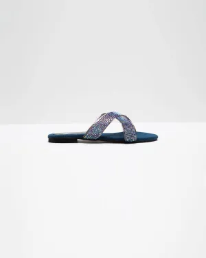 Swarovski Cross-Strapped Denim Flats (Blue)