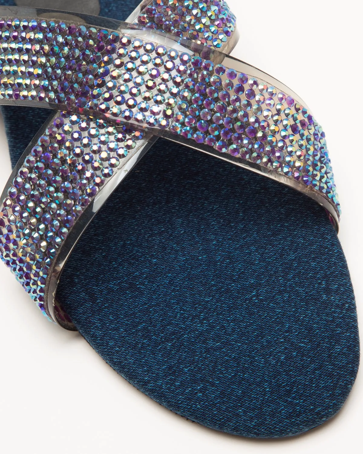 Swarovski Cross-Strapped Denim Flats (Blue)