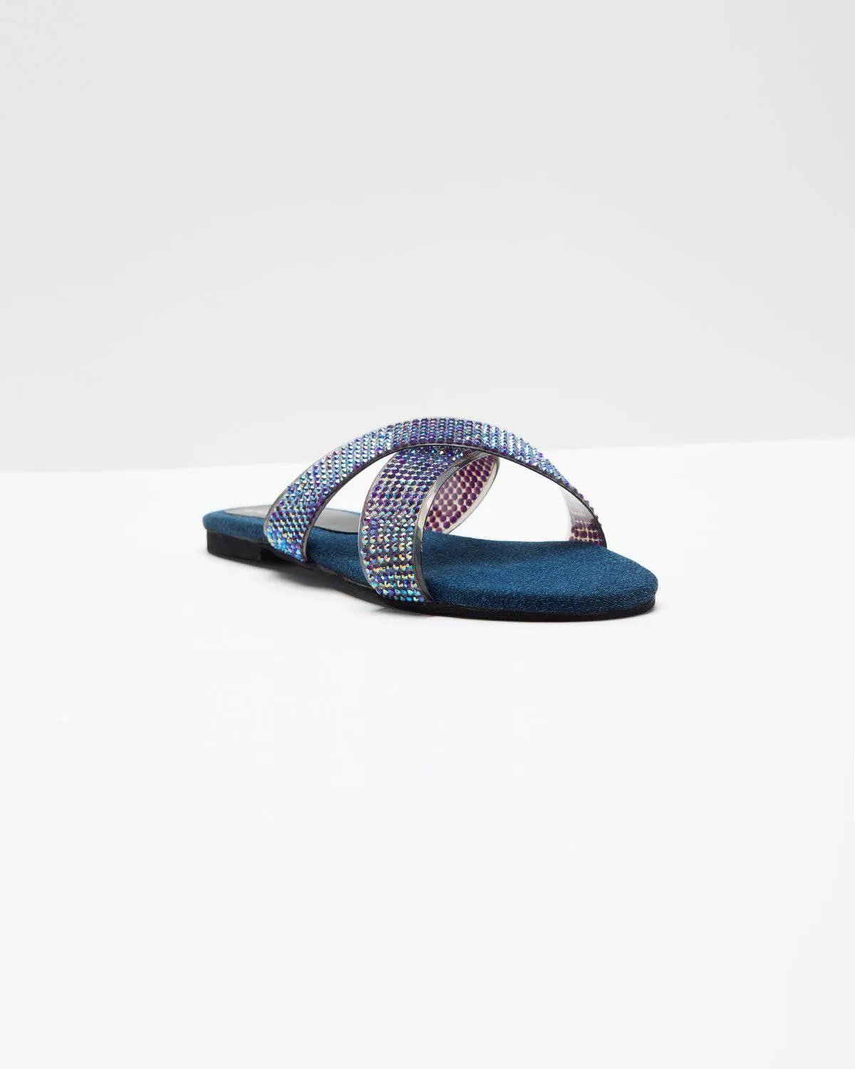 Swarovski Cross-Strapped Denim Flats (Blue)