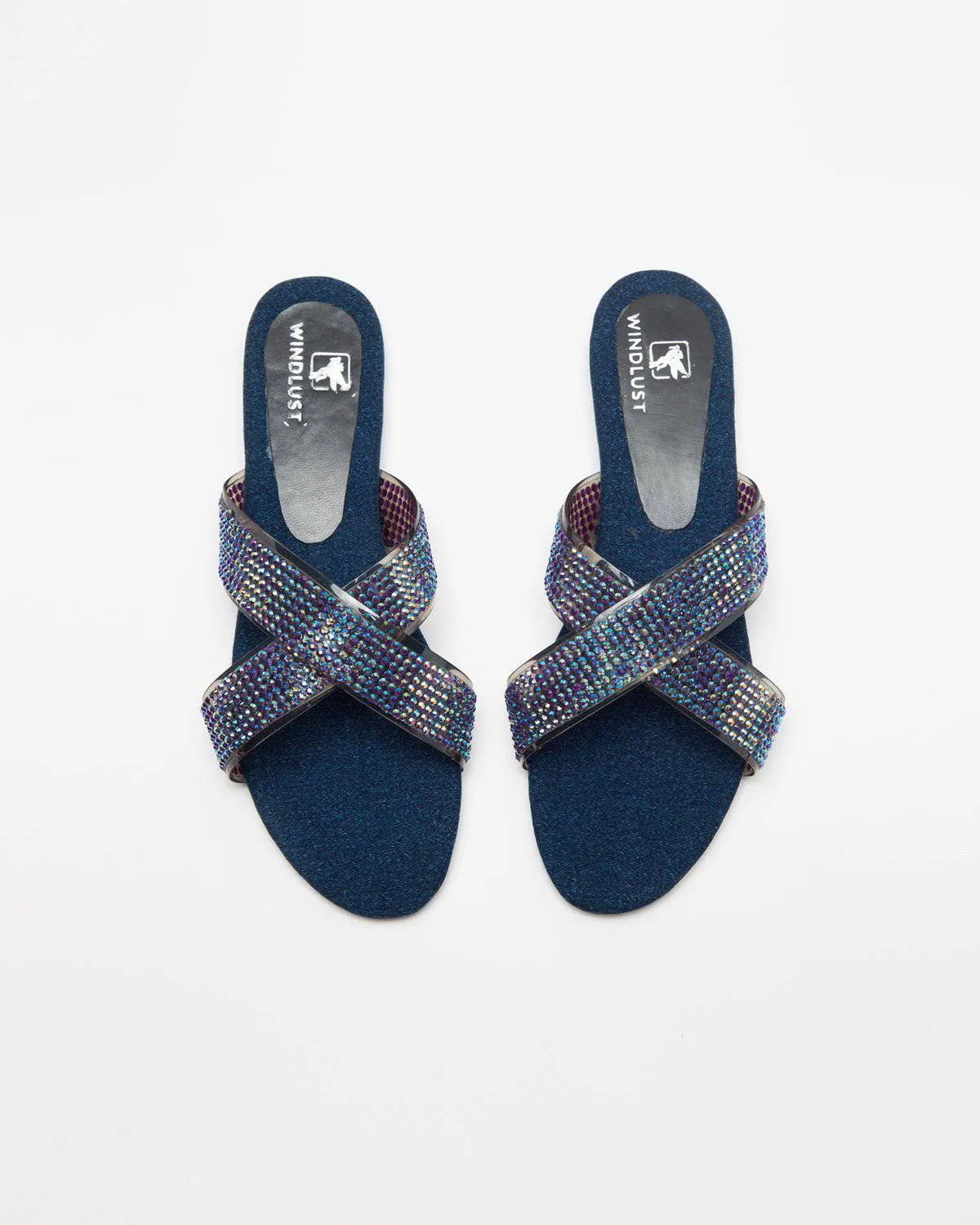 Swarovski Cross-Strapped Denim Flats (Blue)