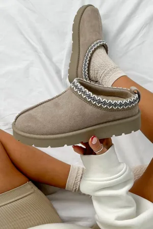 TALA Suede Embroidered Slippers - Mushroom