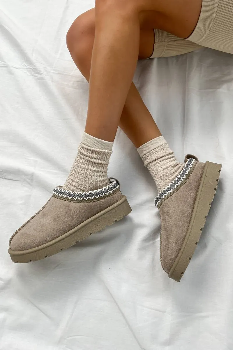 TALA Suede Embroidered Slippers - Mushroom