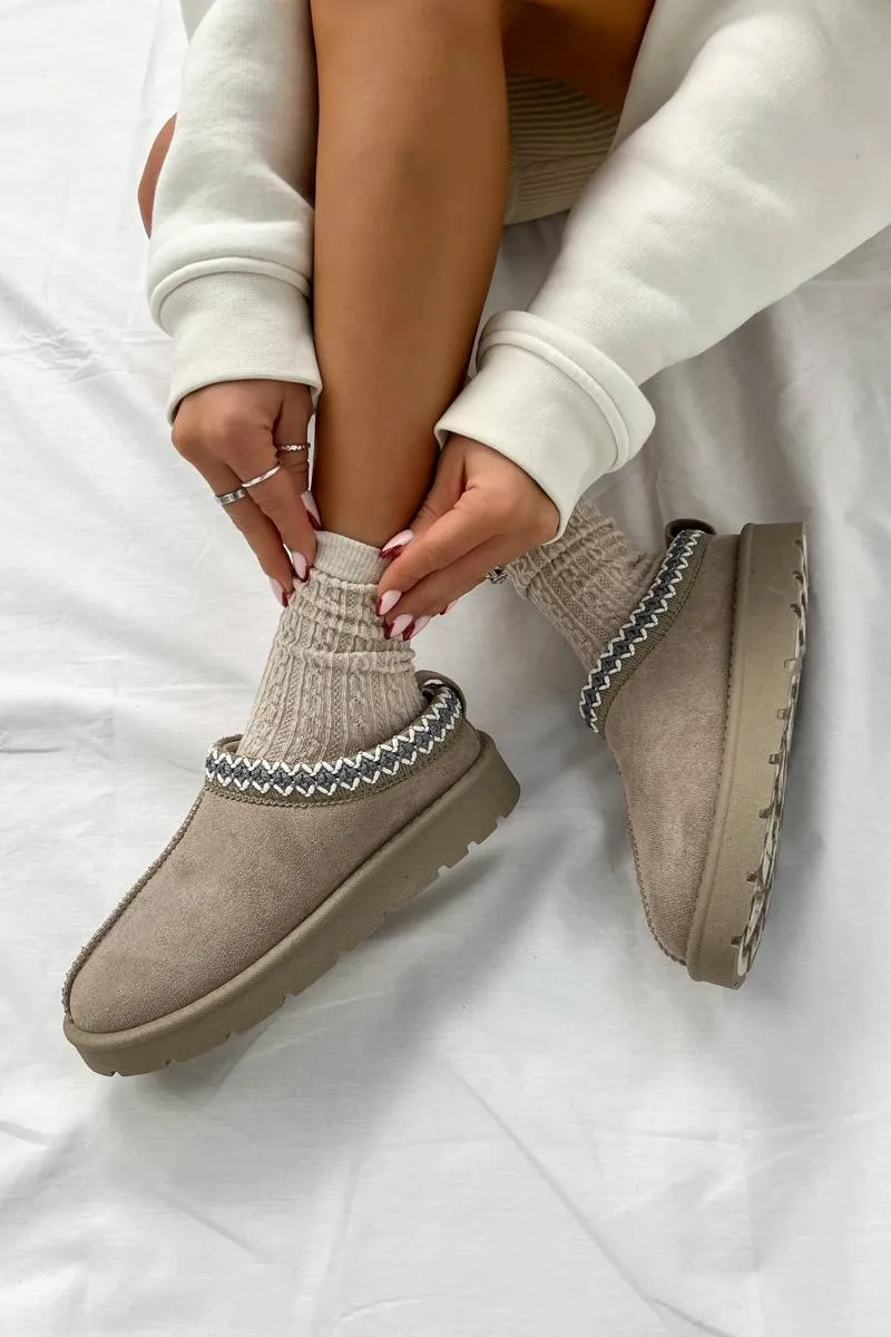 TALA Suede Embroidered Slippers - Mushroom
