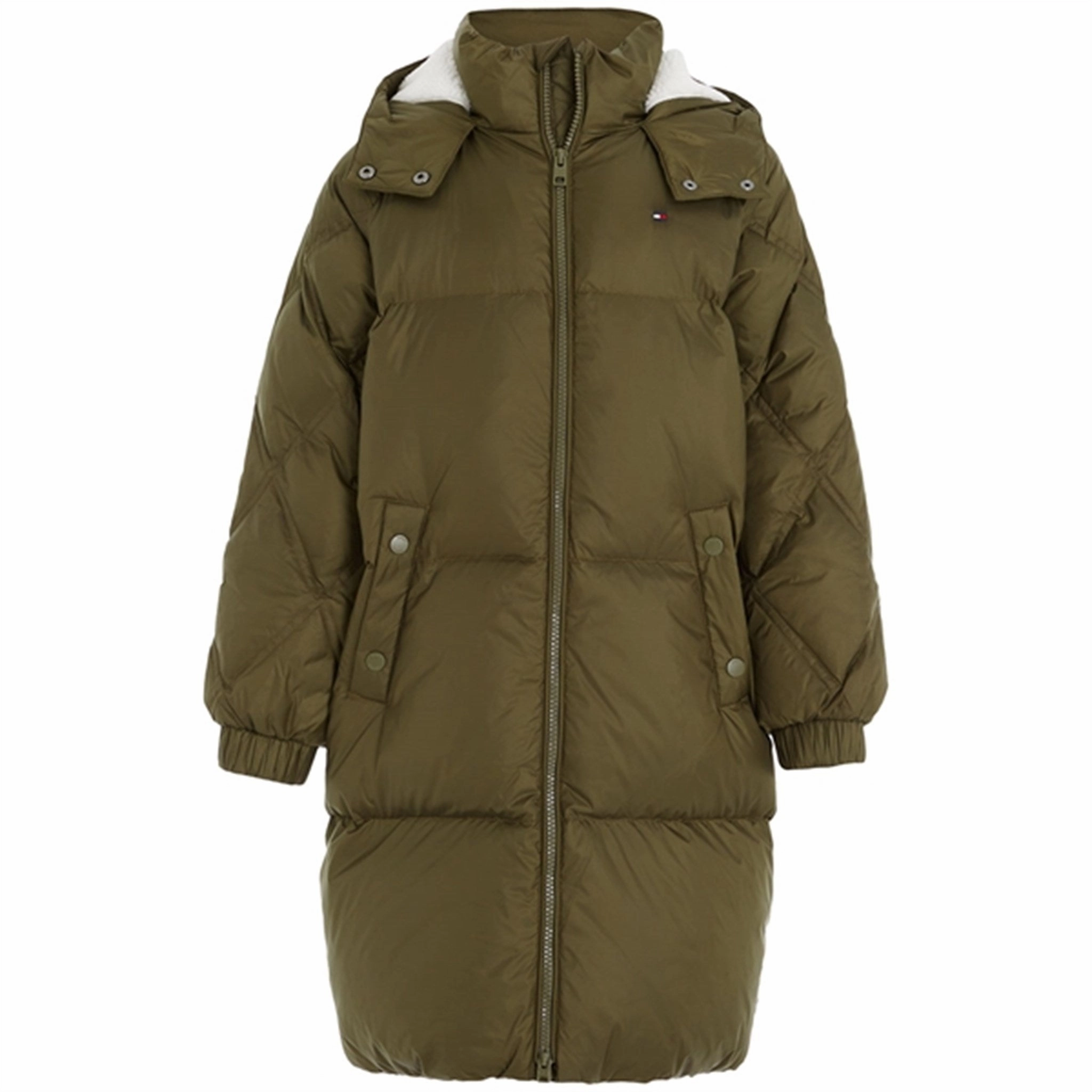 Tommy Hilfiger Mixed Quilted Long Down Jacket Olive Green Soft Lined Interior
