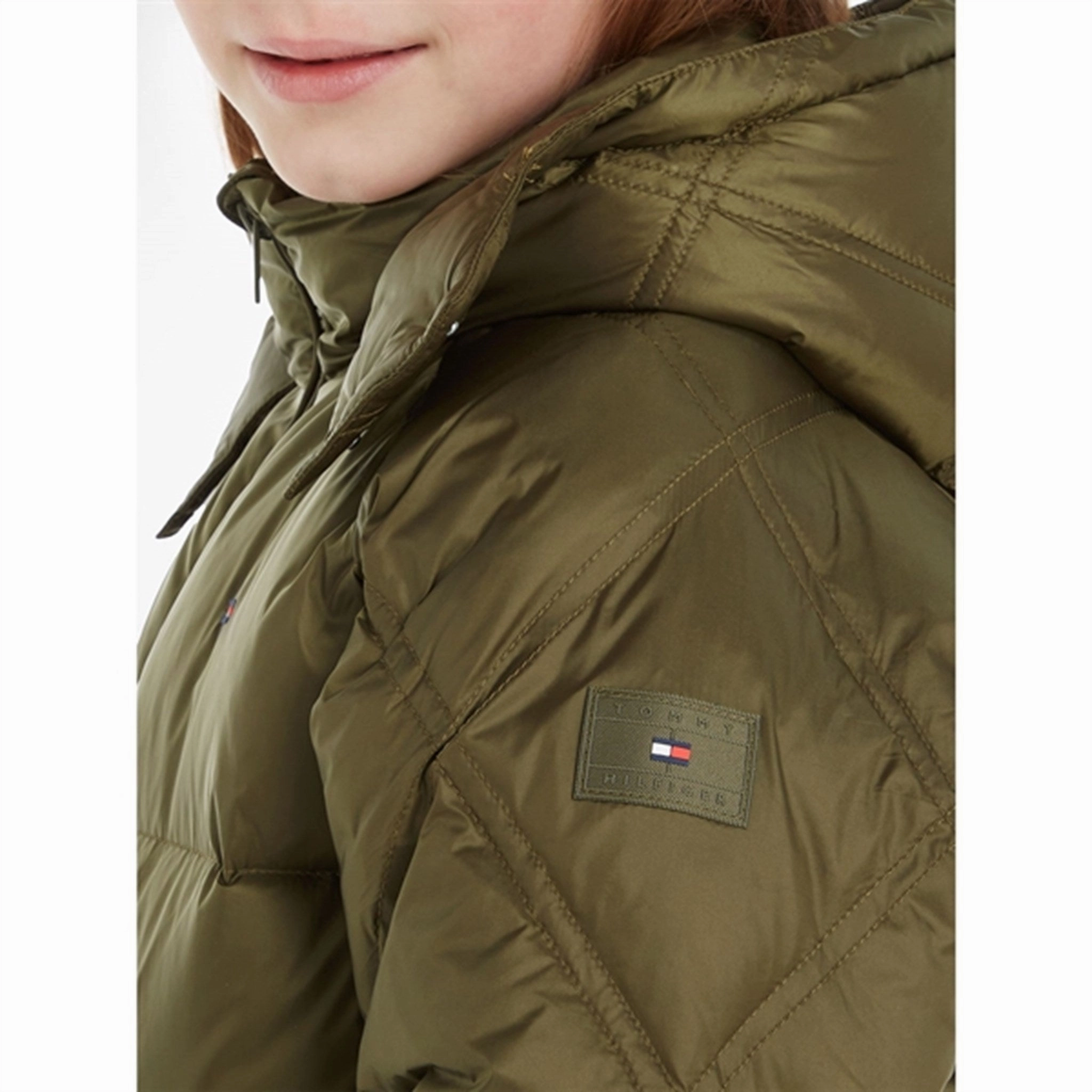 High Performance Blend Tommy Hilfiger Mixed Quilted Long Down Jacket Olive Green