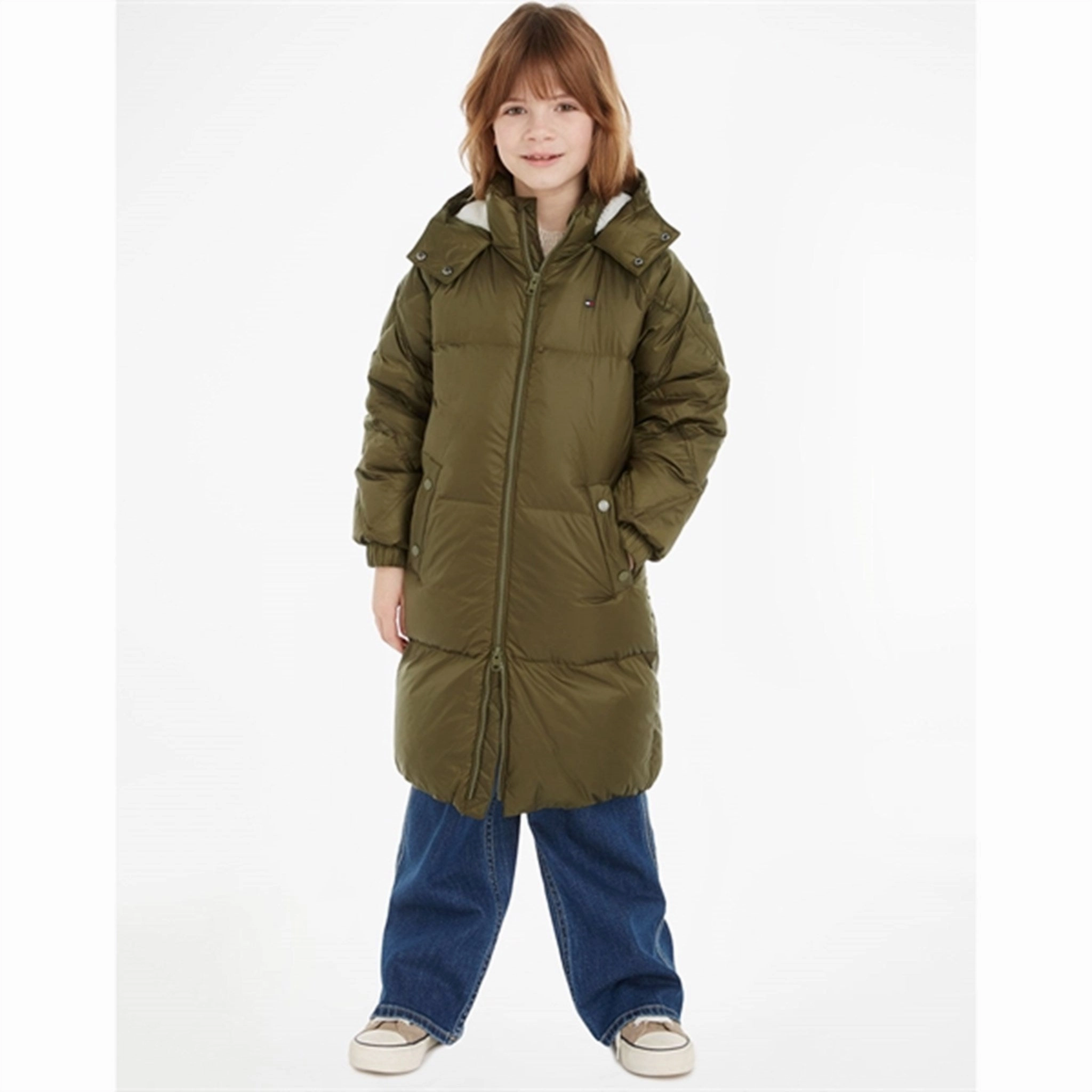 Tommy Hilfiger Mixed Quilted Long Down Jacket Olive Green Hidden Ventilation