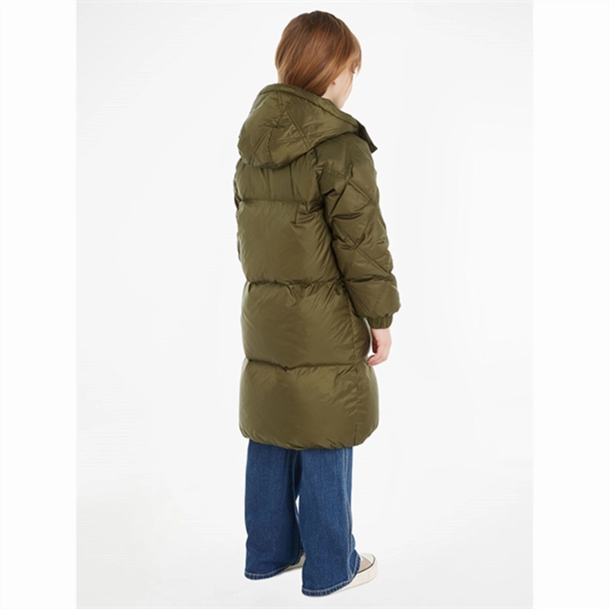 Convertible Silhouette Tommy Hilfiger Mixed Quilted Long Down Jacket Olive Green