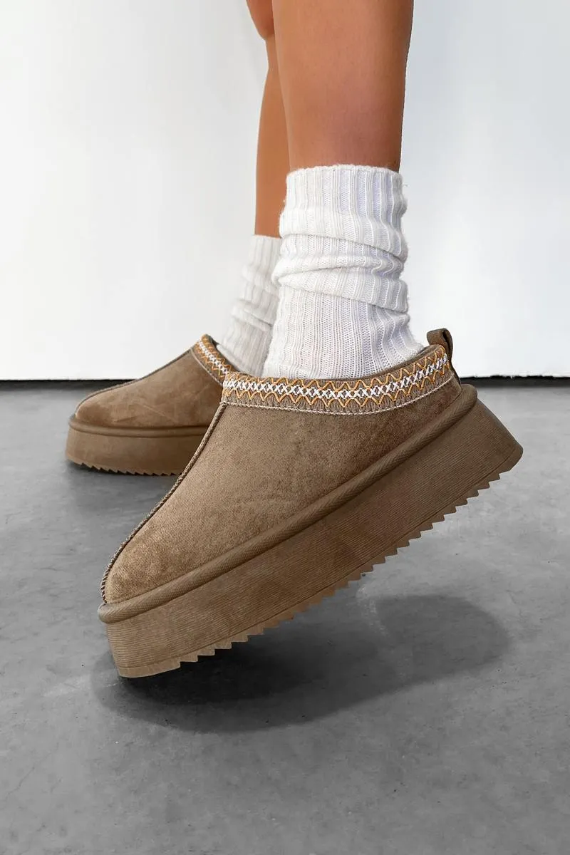 TAYL Suede Embroidered Chunky Slippers - Taupe