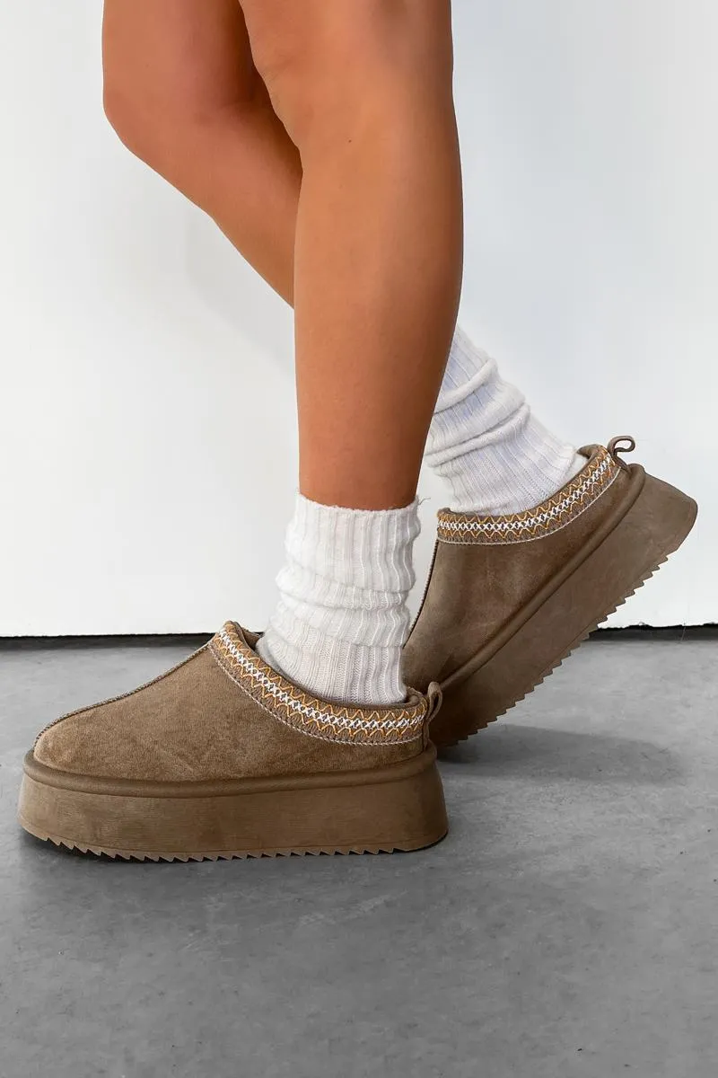 TAYL Suede Embroidered Chunky Slippers - Taupe