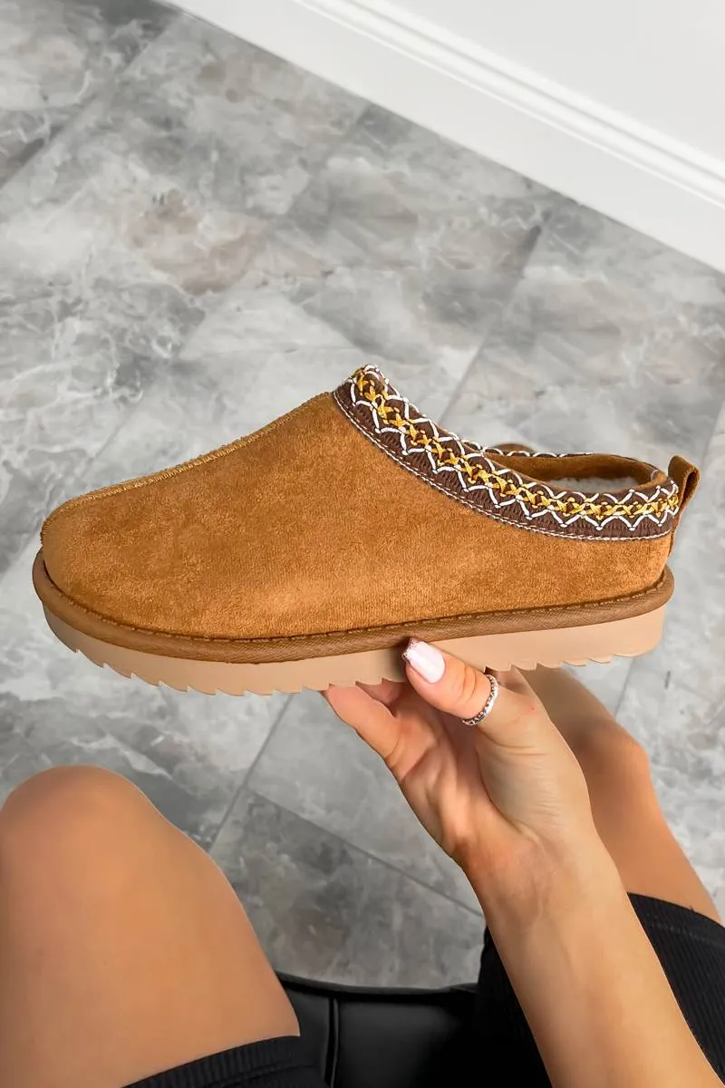 TAZMEN Suede Embroidered Slippers - Camel