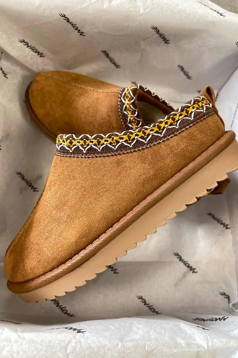 TAZMEN Suede Embroidered Slippers - Camel
