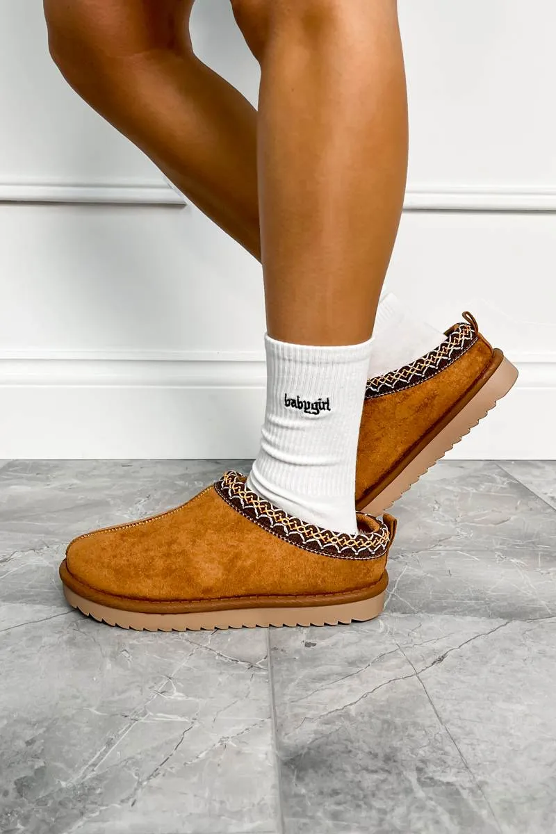 TAZMEN Suede Embroidered Slippers - Camel